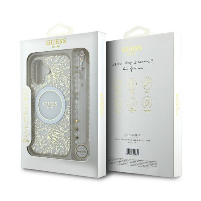 Guess iPhone 16 Plus - IML Flowers Allover Electro With Pearl Strap MagSafe Σκληρή Θήκη με Πλαίσιο Σιλικόνης και MagSafe - White / Διάφανη - GUHMP16MHCPOFPH