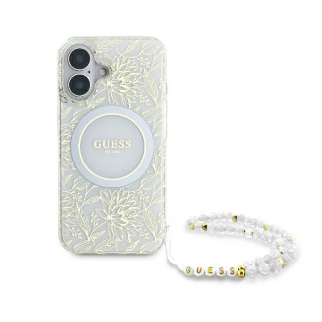 Guess iPhone 16 Plus - IML Flowers Allover Electro With Pearl Strap MagSafe Σκληρή Θήκη με Πλαίσιο Σιλικόνης και MagSafe - White / Διάφανη - GUHMP16MHCPOFPH