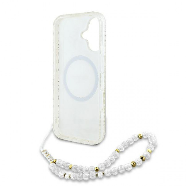 Guess iPhone 16 - IML Flowers Allover Electro With Pearl Strap MagSafe Σκληρή Θήκη με Πλαίσιο Σιλικόνης και MagSafe - White / Διάφανη - GUHMP16SHCPOFPH