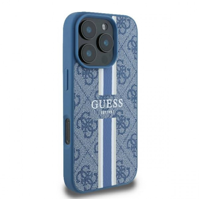 Guess iPhone 16 Pro - 4G Printed Stripes MagSafe Θήκη με Επένδυση Συνθετικού Δέρματος - Blue - GUHMP16LP4RPSB