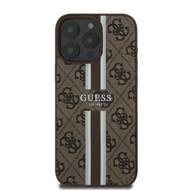 Guess iPhone 16 Pro - 4G Printed Stripes MagSafe Θήκη με Επένδυση Συνθετικού Δέρματος - Brown - GUHMP16LP4RPSW