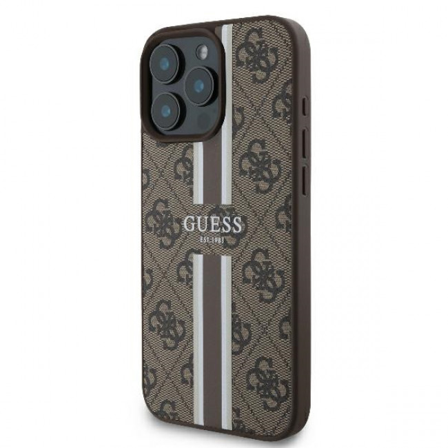 Guess iPhone 16 Pro - 4G Printed Stripes MagSafe Θήκη με Επένδυση Συνθετικού Δέρματος - Brown - GUHMP16LP4RPSW