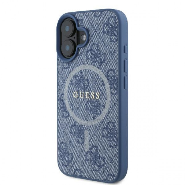 Guess iPhone 16 - 4G Ring Classic Logo - MagSafe Θήκη με Επένδυση Συνθετικού Δέρματος και MagSafe - Blue - GUHMP16SG4GFRB