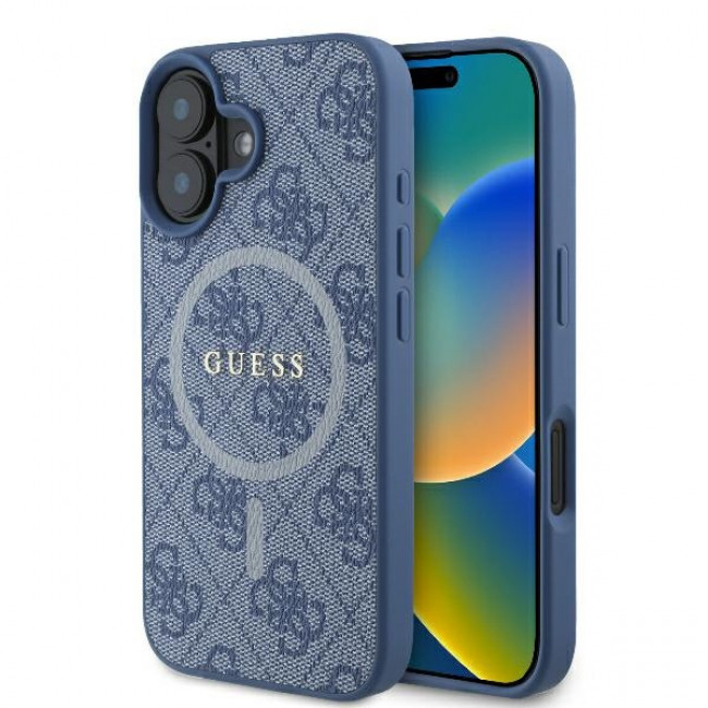 Guess iPhone 16 - 4G Ring Classic Logo - MagSafe Θήκη με Επένδυση Συνθετικού Δέρματος και MagSafe - Blue - GUHMP16SG4GFRB