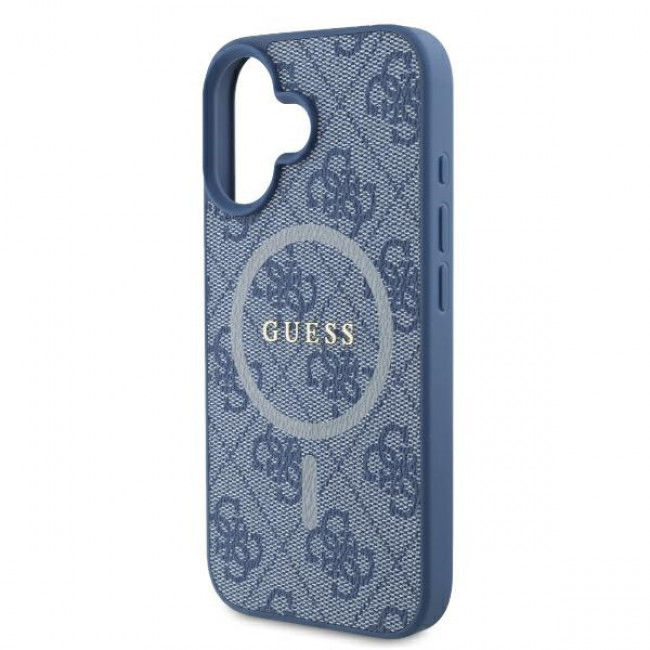 Guess iPhone 16 - 4G Ring Classic Logo - MagSafe Θήκη με Επένδυση Συνθετικού Δέρματος και MagSafe - Blue - GUHMP16SG4GFRB