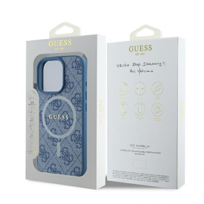 Guess iPhone 16 Pro Max - 4G Ring Classic Logo - MagSafe Θήκη με Επένδυση Συνθετικού Δέρματος και MagSafe - Blue - GUHMP16XG4GFRB