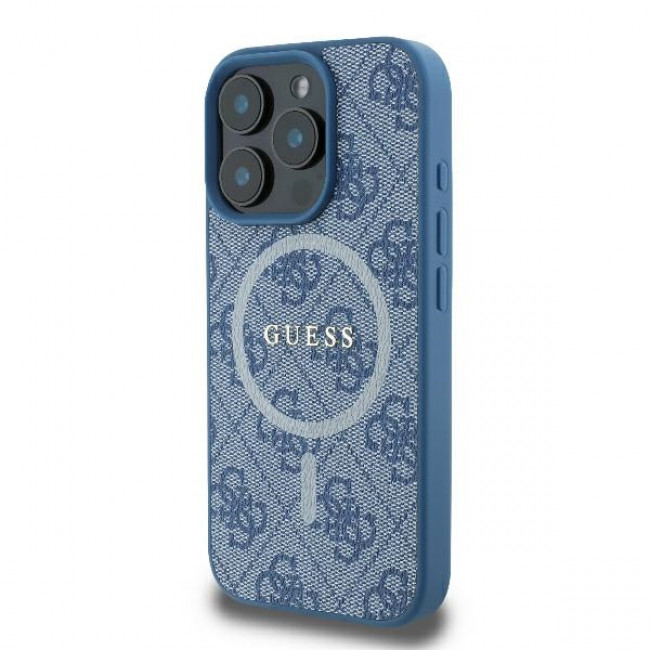 Guess iPhone 16 Pro Max - 4G Ring Classic Logo - MagSafe Θήκη με Επένδυση Συνθετικού Δέρματος και MagSafe - Blue - GUHMP16XG4GFRB