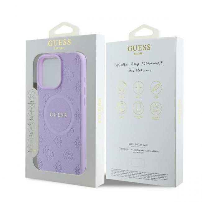 Guess iPhone 16 Pro Max - Saffiano Peony Classic Logo - MagSafe Σκληρή Θήκη με Πλαίσιο Σιλικόνης και Συνθετικό Δέρμα - Purple - GUHMP16XPSAPSMEU