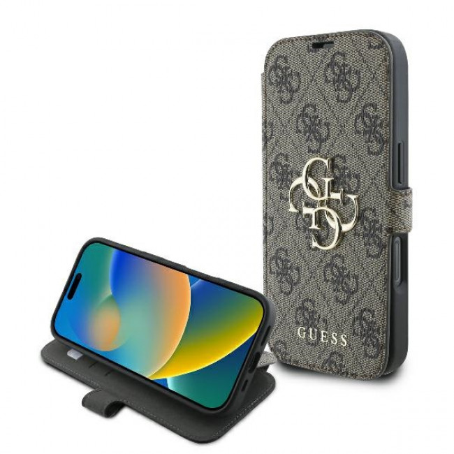 Guess iPhone 16 Pro - 4G Metal Logo Θήκη Πορτοφόλι με Επένδυση Συνθετικού Δέρματος - Brown - GUBKP16L4GMGBR