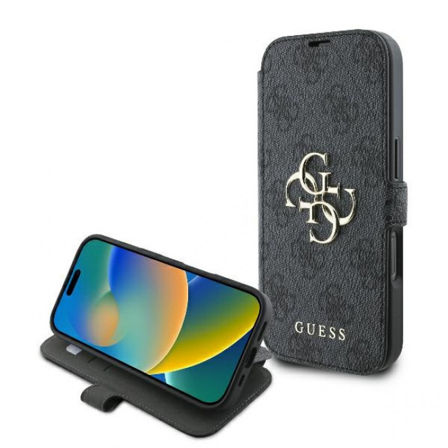 Guess iPhone 16 Pro - 4G Metal Logo Θήκη Πορτοφόλι με Επένδυση Συνθετικού Δέρματος - Black - GUBKP16L4GMGGR