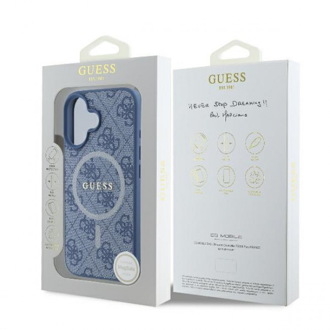 Guess iPhone 16 Plus - 4G Ring Classic Logo - MagSafe Θήκη με Επένδυση Συνθετικού Δέρματος - Blue - GUHMP16MG4GFRB