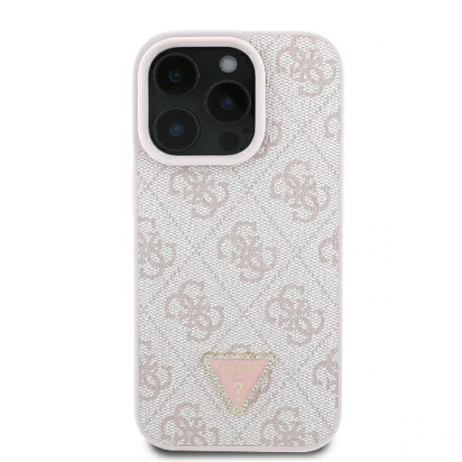 Guess iPhone 16 Pro - Leather 4G Triangle Strass - Θήκη με Επένδυση Συνθετικού Δέρματος - Pink - GUHCP16LP4TDPP