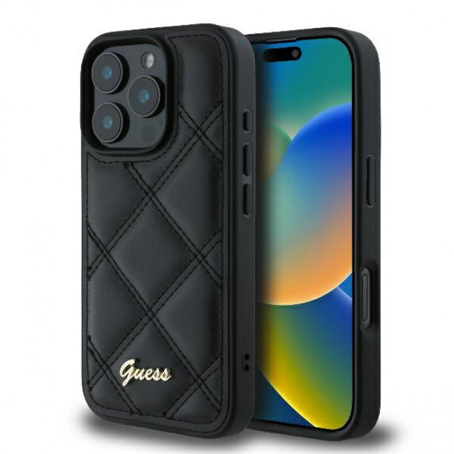 Guess iPhone 16 Pro - Quilted Metal Logo - Θήκη με Επένδυση Συνθετικού Δέρματος - Black - GUHCP16LPSQSQSK