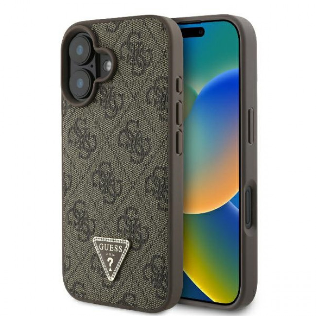 Guess iPhone 16 Plus - Leather 4G Triangle Strass - Θήκη με Επένδυση Συνθετικού Δέρματος - Brown - GUHCP16MP4TDPW