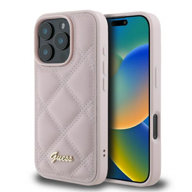 Guess iPhone 16 Pro Max - Quilted Metal Logo - Θήκη με Επένδυση Συνθετικού Δέρματος - Pink - GUHCP16XPSQSQSP