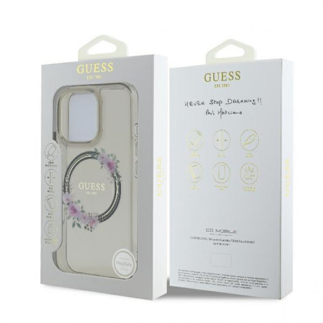 Guess iPhone 16 Pro - IML Flowers Wreath - MagSafe Σκληρή Θήκη με Πλαίσιο Σιλικόνης - Black - GUHMP16LHFWFCK