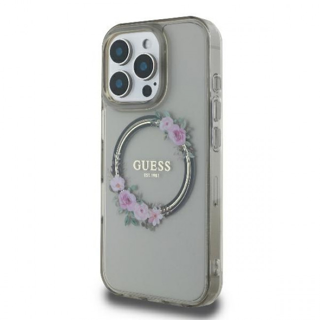 Guess iPhone 16 Pro - IML Flowers Wreath - MagSafe Σκληρή Θήκη με Πλαίσιο Σιλικόνης - Black - GUHMP16LHFWFCK