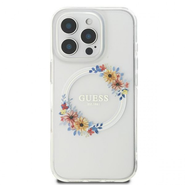 Guess iPhone 16 Pro - IML Flowers Wreath - MagSafe Σκληρή Θήκη με Πλαίσιο Σιλικόνης - Διάφανη - GUHMP16LHFWFCT