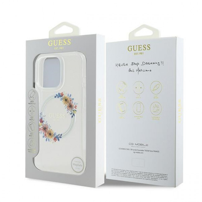 Guess iPhone 16 Pro - IML Flowers Wreath - MagSafe Σκληρή Θήκη με Πλαίσιο Σιλικόνης - Διάφανη - GUHMP16LHFWFCT