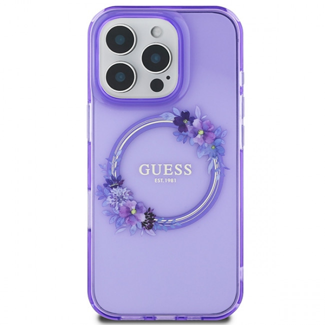 Guess iPhone 16 Pro - IML Flowers Wreath - MagSafe Σκληρή Θήκη με Πλαίσιο Σιλικόνης - Purple - GUHMP16LHFWFCU