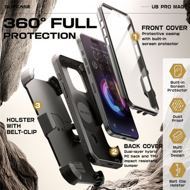 Supcase iPhone 16 Pro - UB Pro Mag Σκληρή Θήκη με Προστασία Οθόνης και Stand με Magsafe - Black