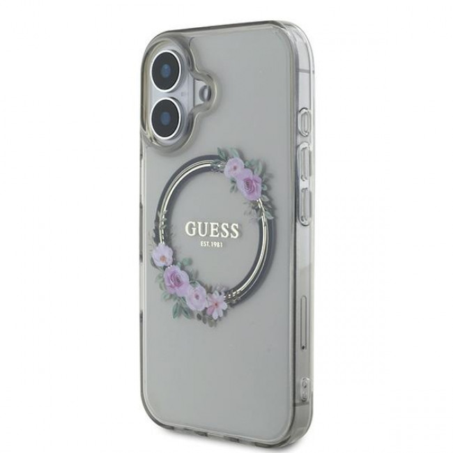 Guess iPhone 16 - IML Flowers Wreath - MagSafe Σκληρή Θήκη με Πλαίσιο Σιλικόνης - Black - GUHMP16SHFWFCK