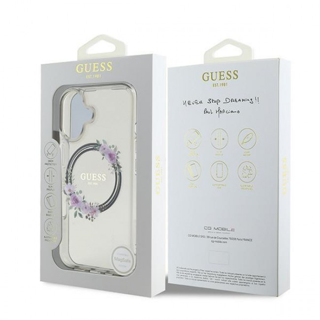 Guess iPhone 16 - IML Flowers Wreath - MagSafe Σκληρή Θήκη με Πλαίσιο Σιλικόνης - Black - GUHMP16SHFWFCK