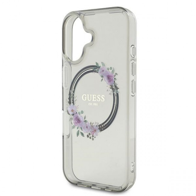 Guess iPhone 16 - IML Flowers Wreath - MagSafe Σκληρή Θήκη με Πλαίσιο Σιλικόνης - Black - GUHMP16SHFWFCK