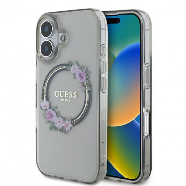 Guess iPhone 16 - IML Flowers Wreath - MagSafe Σκληρή Θήκη με Πλαίσιο Σιλικόνης - Black - GUHMP16SHFWFCK