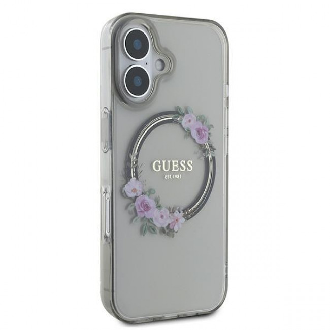 Guess iPhone 16 - IML Flowers Wreath - MagSafe Σκληρή Θήκη με Πλαίσιο Σιλικόνης - Black - GUHMP16SHFWFCK