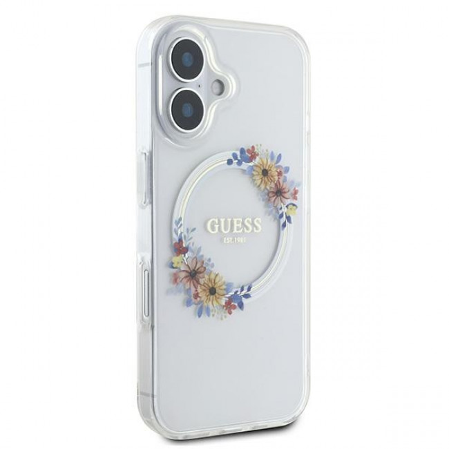 Guess iPhone 16 - IML Flowers Wreath - MagSafe Σκληρή Θήκη με Πλαίσιο Σιλικόνης - Διάφανη - GUHMP16SHFWFCT