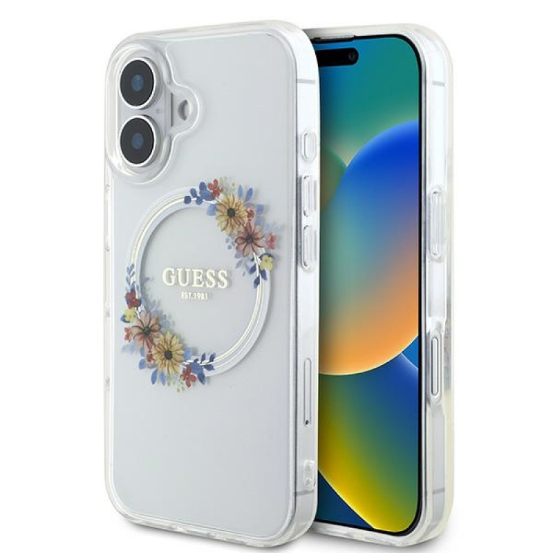 Guess iPhone 16 - IML Flowers Wreath - MagSafe Σκληρή Θήκη με Πλαίσιο Σιλικόνης - Διάφανη - GUHMP16SHFWFCT