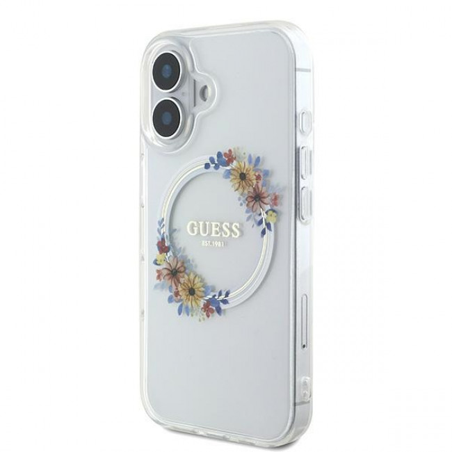 Guess iPhone 16 - IML Flowers Wreath - MagSafe Σκληρή Θήκη με Πλαίσιο Σιλικόνης - Διάφανη - GUHMP16SHFWFCT