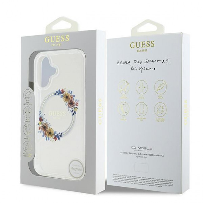 Guess iPhone 16 - IML Flowers Wreath - MagSafe Σκληρή Θήκη με Πλαίσιο Σιλικόνης - Διάφανη - GUHMP16SHFWFCT