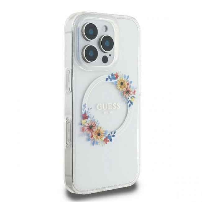 Guess iPhone 16 Pro Max - IML Flowers Wreath - MagSafe Σκληρή Θήκη με Πλαίσιο Σιλικόνης - Διάφανη - GUHMP16XHFWFCT