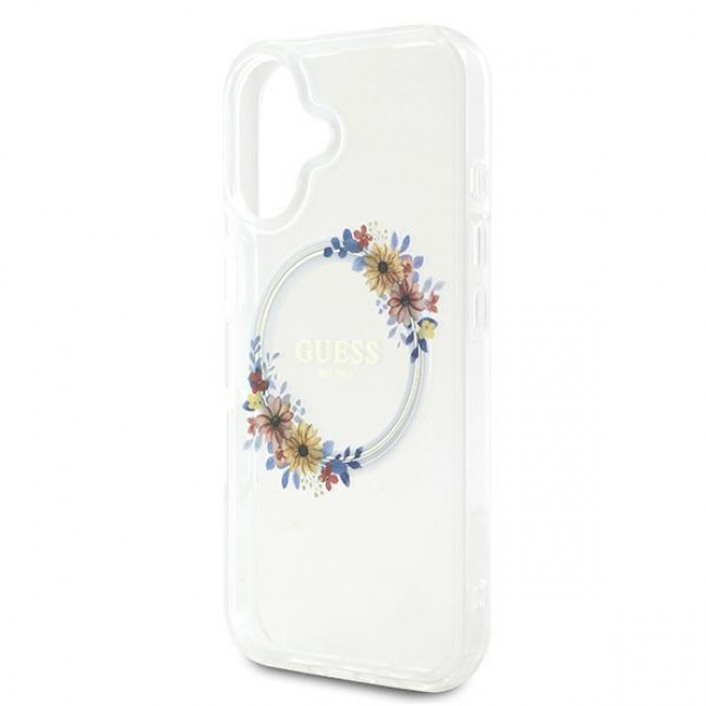 Guess iPhone 16 Plus - IML Flowers Wreath - MagSafe Σκληρή Θήκη με Πλαίσιο Σιλικόνης - Διάφανη - GUHMP16MHFWFCT