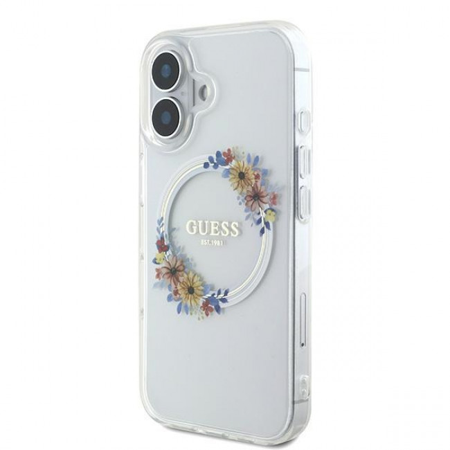 Guess iPhone 16 Plus - IML Flowers Wreath - MagSafe Σκληρή Θήκη με Πλαίσιο Σιλικόνης - Διάφανη - GUHMP16MHFWFCT