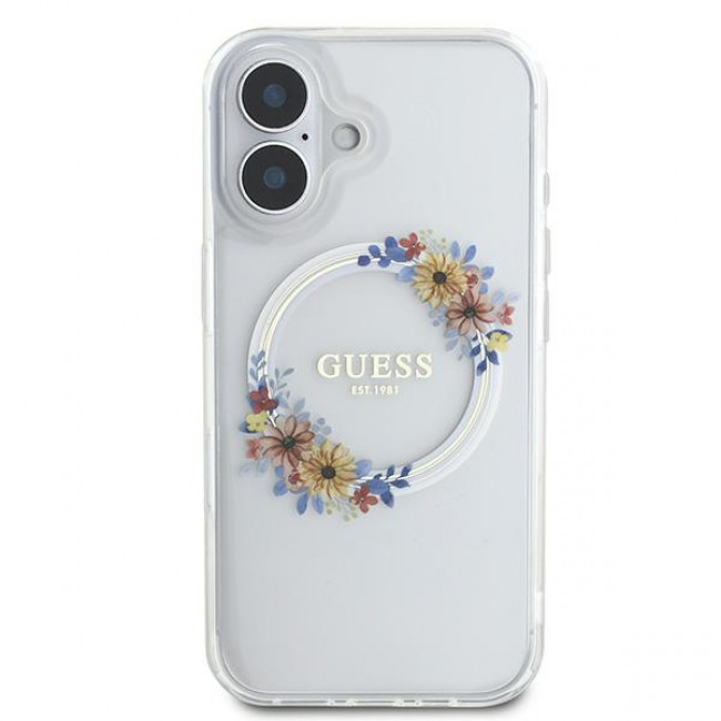 Guess iPhone 16 Plus - IML Flowers Wreath - MagSafe Σκληρή Θήκη με Πλαίσιο Σιλικόνης - Διάφανη - GUHMP16MHFWFCT