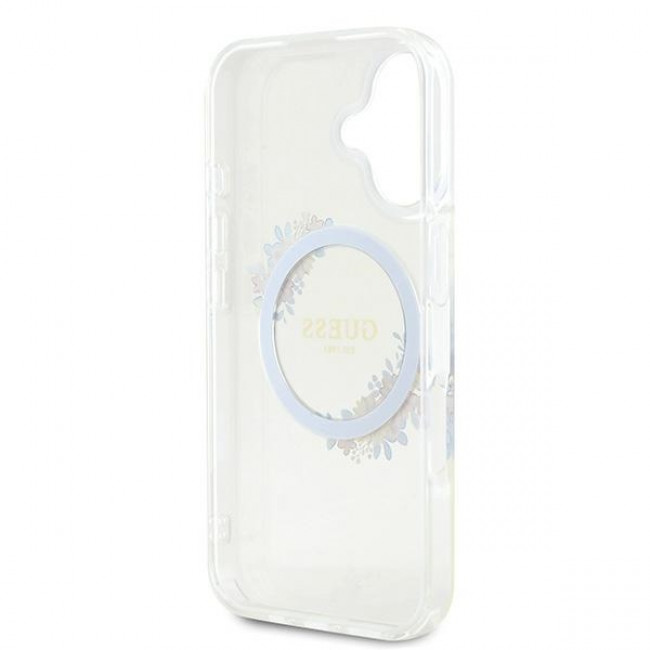 Guess iPhone 16 Plus - IML Flowers Wreath - MagSafe Σκληρή Θήκη με Πλαίσιο Σιλικόνης - Διάφανη - GUHMP16MHFWFCT