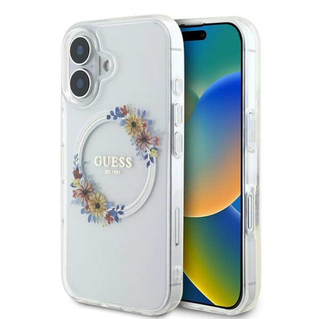 Guess iPhone 16 Plus - IML Flowers Wreath - MagSafe Σκληρή Θήκη με Πλαίσιο Σιλικόνης - Διάφανη - GUHMP16MHFWFCT