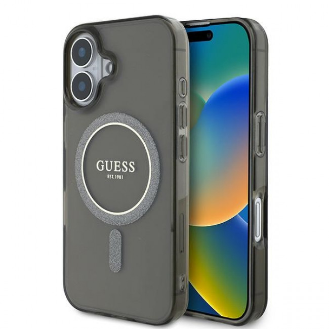 Guess iPhone 16 - IML Glitter Circle - Magsafe Σκληρή Θήκη με Πλαίσιο Σιλικόνης - Black - GUHMP16SHFGEREK