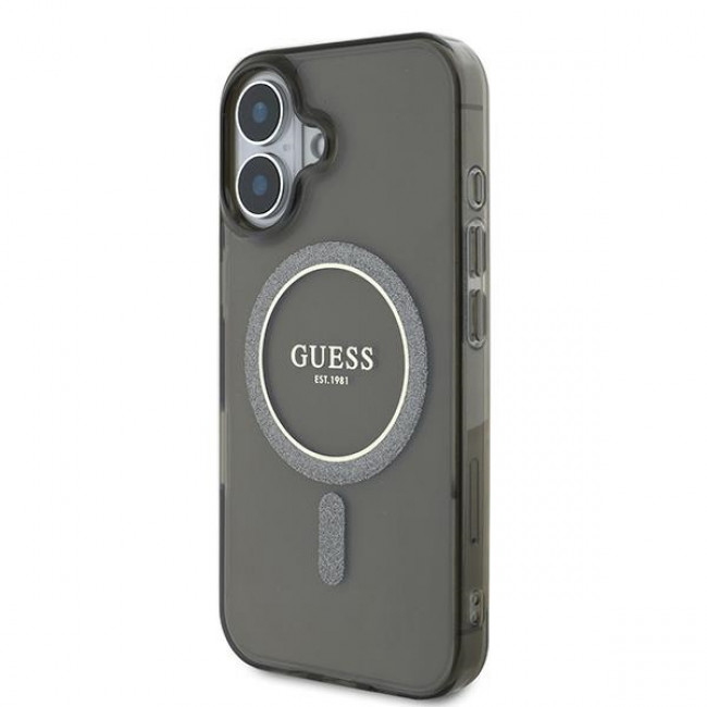 Guess iPhone 16 - IML Glitter Circle - Magsafe Σκληρή Θήκη με Πλαίσιο Σιλικόνης - Black - GUHMP16SHFGEREK