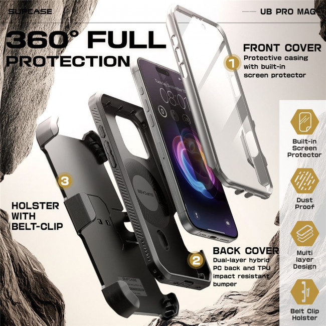 Supcase iPhone 16 Pro - UB Pro Mag Σκληρή Θήκη με Προστασία Οθόνης και Stand με Magsafe - Titan Grey