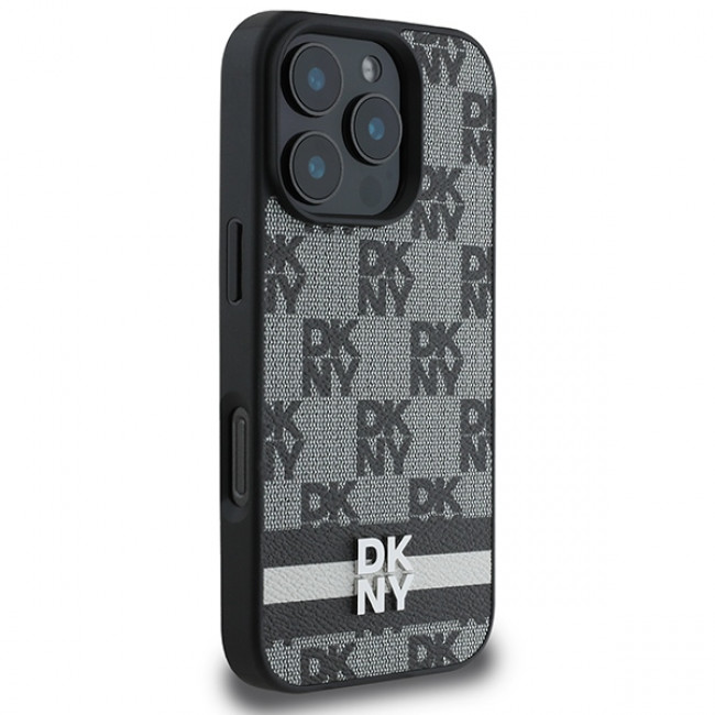 DKNY iPhone 16 Pro - Checkered Pattern and Printed Stripes Σκληρή Θήκη με Επένδυση Συνθετικού Δέρματος - Black