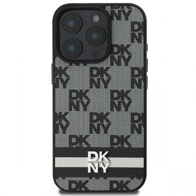 DKNY iPhone 16 Pro - Checkered Pattern and Printed Stripes Σκληρή Θήκη με Επένδυση Συνθετικού Δέρματος - Black