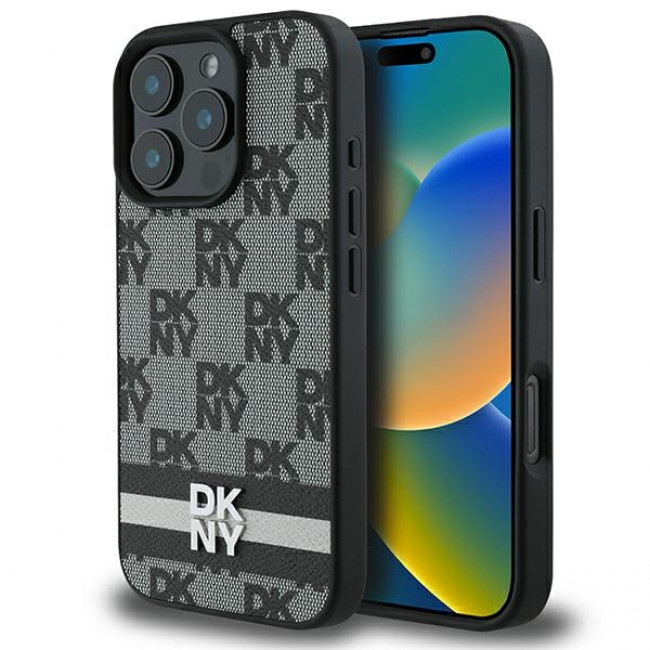 DKNY iPhone 16 Pro - Checkered Pattern and Printed Stripes Σκληρή Θήκη με Επένδυση Συνθετικού Δέρματος - Black