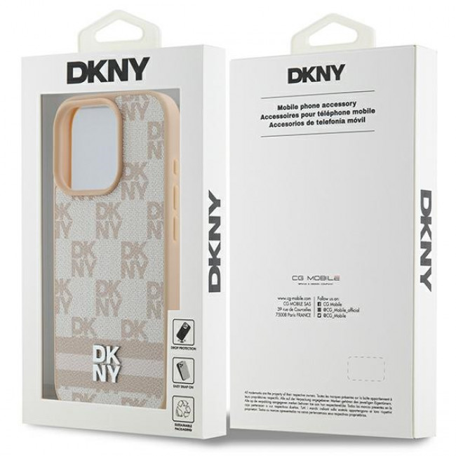 DKNY iPhone 16 Pro - Checkered Pattern and Printed Stripes Σκληρή Θήκη με Επένδυση Συνθετικού Δέρματος - Pink