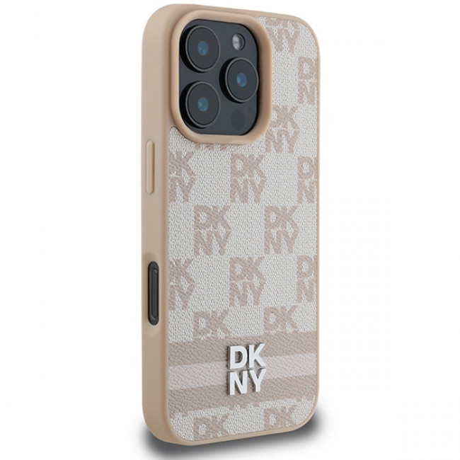 DKNY iPhone 16 Pro - Checkered Pattern and Printed Stripes Σκληρή Θήκη με Επένδυση Συνθετικού Δέρματος - Pink