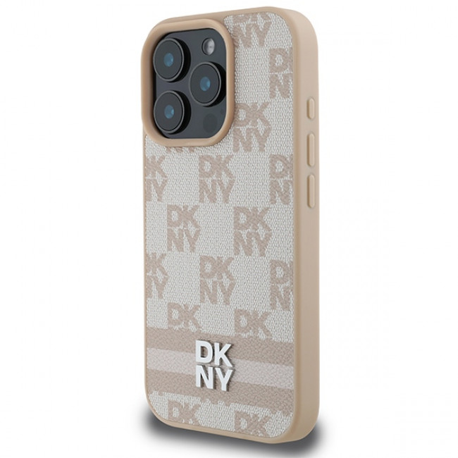 DKNY iPhone 16 Pro - Checkered Pattern and Printed Stripes Σκληρή Θήκη με Επένδυση Συνθετικού Δέρματος - Pink