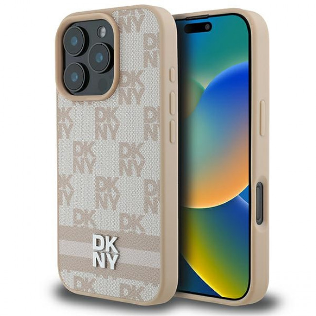 DKNY iPhone 16 Pro - Checkered Pattern and Printed Stripes Σκληρή Θήκη με Επένδυση Συνθετικού Δέρματος - Pink